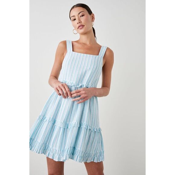 NWT Rails Sandy Dress Linen Blend Striped Ruffle Mini in Laguna Stripe, Small - Picture 3 of 16